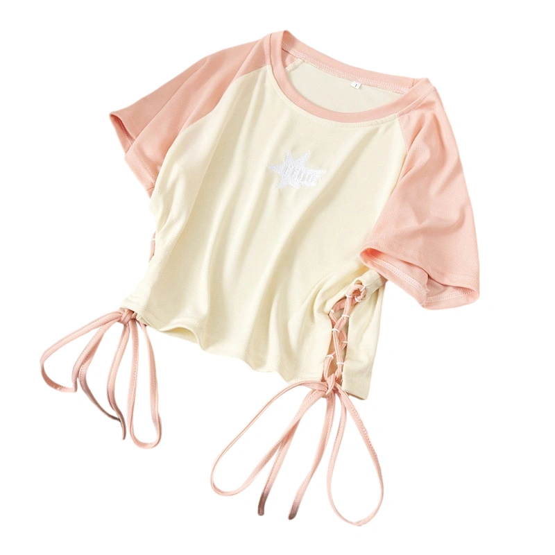 Women T-shirt, Short Sleeve Contrast Color Embroidery Tie-up Crop Top