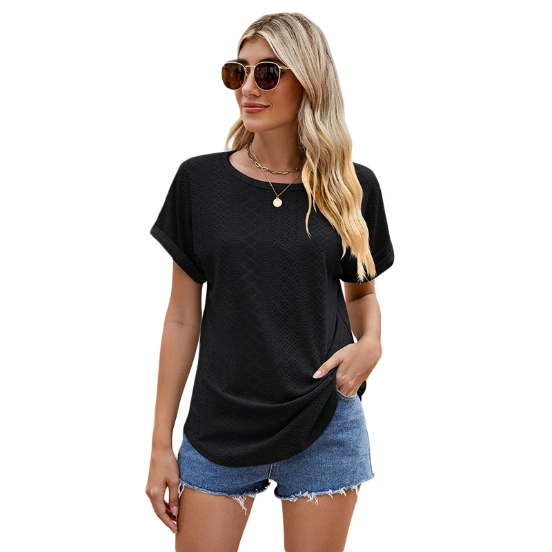 Women Summer Basic T-Shirt Casual Eyelet Cutout Short Sleeve Tops