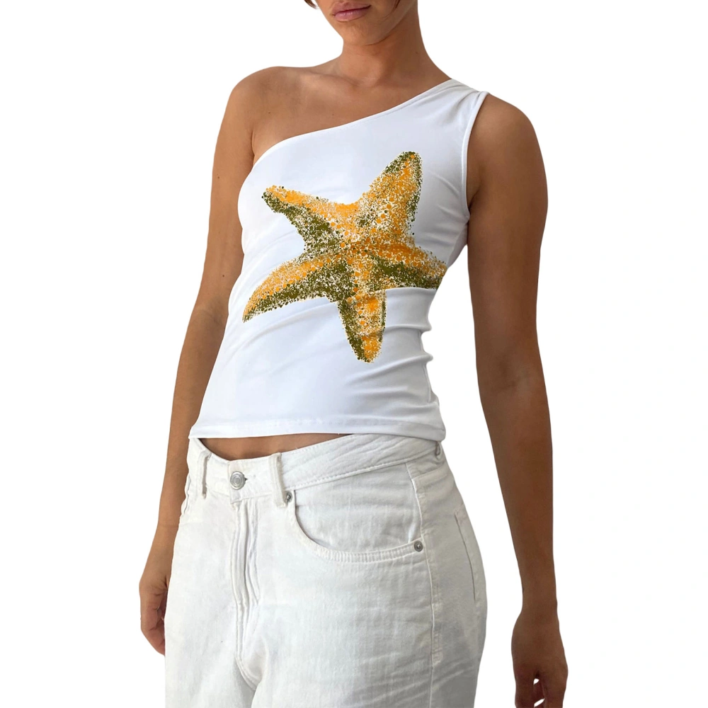 Women One-shoulder Top, Sleeveless Starfish Print Slim Fit Tank Top