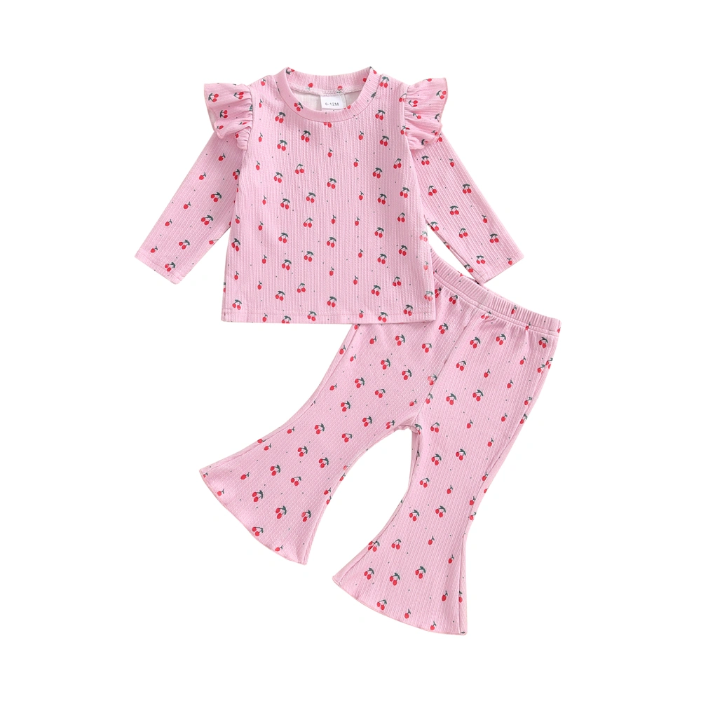 Baby Girl Outfits Ruffle Long Sleeve Cherry Print Tops + Flare Pants