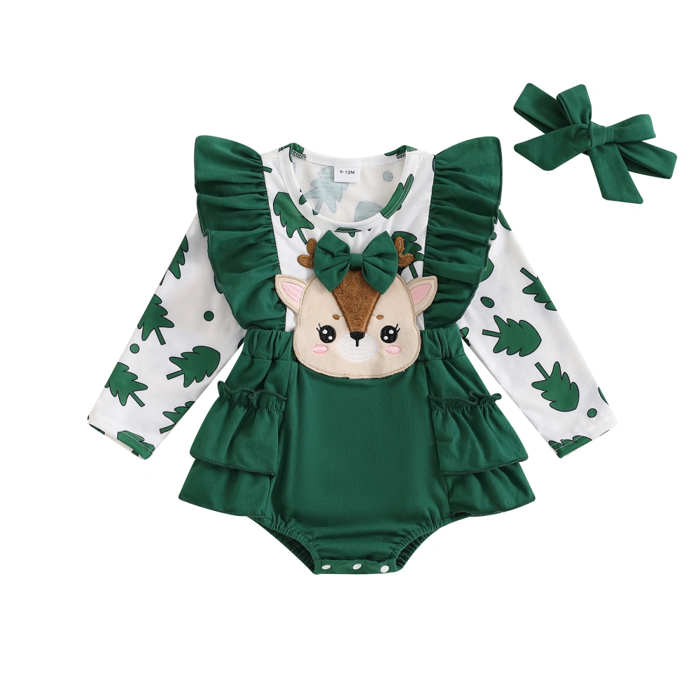 Baby Girl Christmas Outfits Cartoon Embroidery Bodysuit with Headband