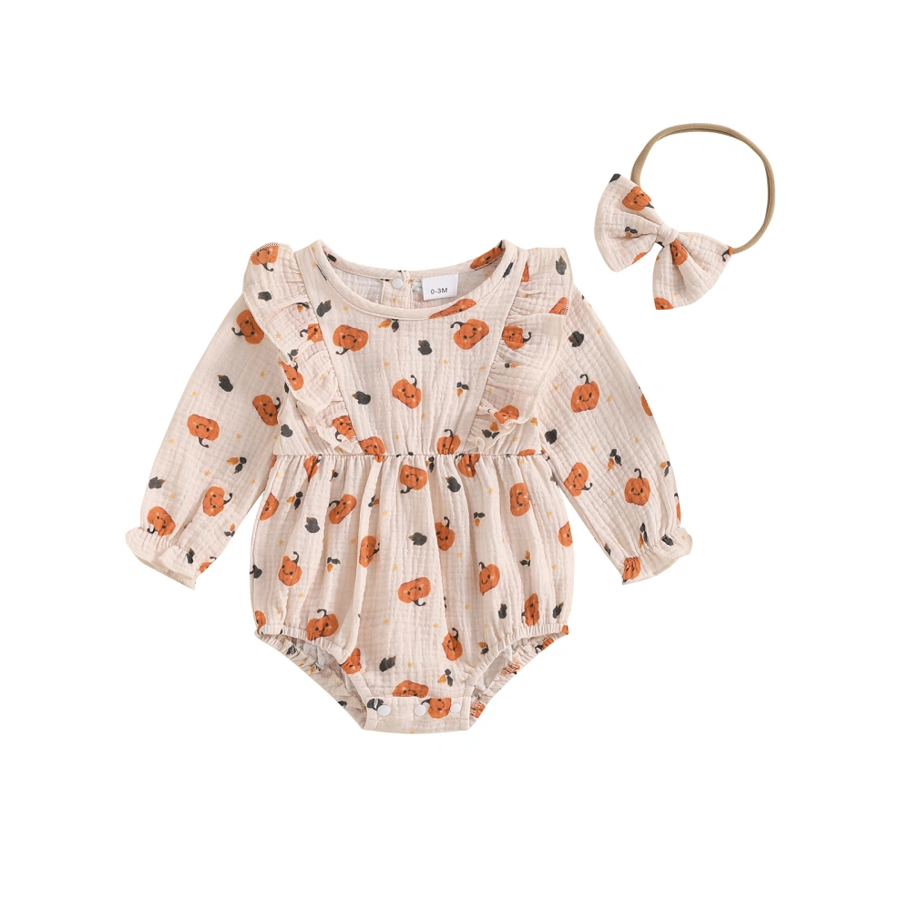 Baby Girls Halloween Romper Pumpkin Print Jumpsuits and Headband