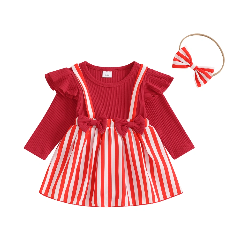 Baby Girls Christmas Outfit, Long Sleeve Striped Romper Dress Headband