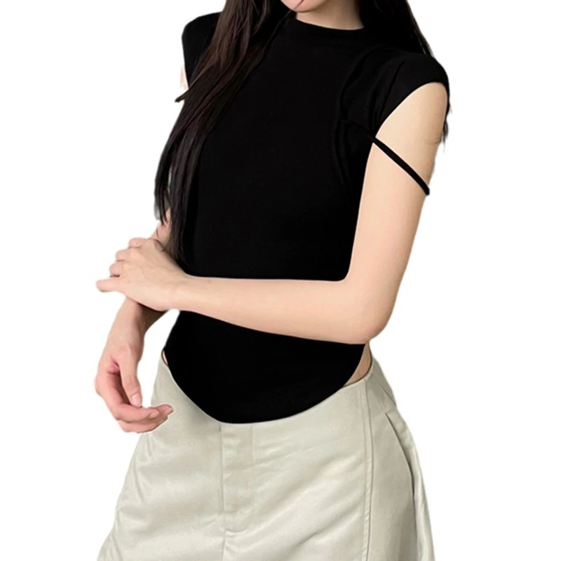 Women's Cap Sleeves Tank Tops Mock Neck Hollow Strap Knit T-Shirt