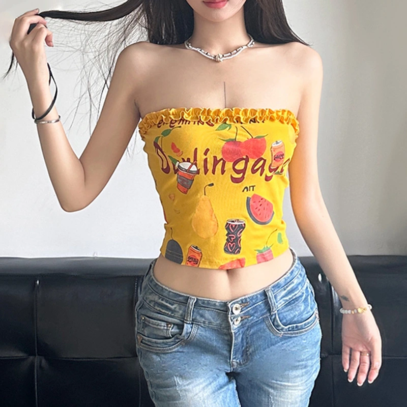 Women's Frill Trim Tube Tops Strapless Cartoon Print Bandeau Tops