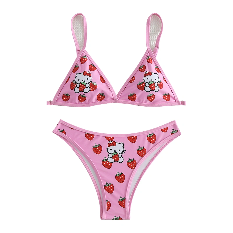 Women Bathing Suits Sleeveless Cat Strawberry Print Bra Thong