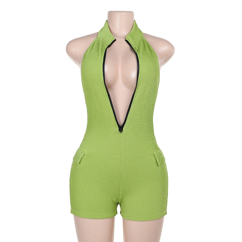 Women Bodycon Rompers Textured Zipper Halter Neck Jumpsuits Streetwear