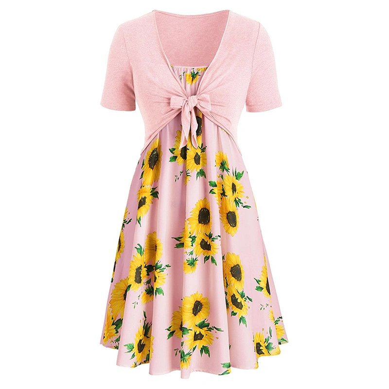 Women 2 Piece Outfits Short Sleeves Cardigan and Sunflower Print Dress