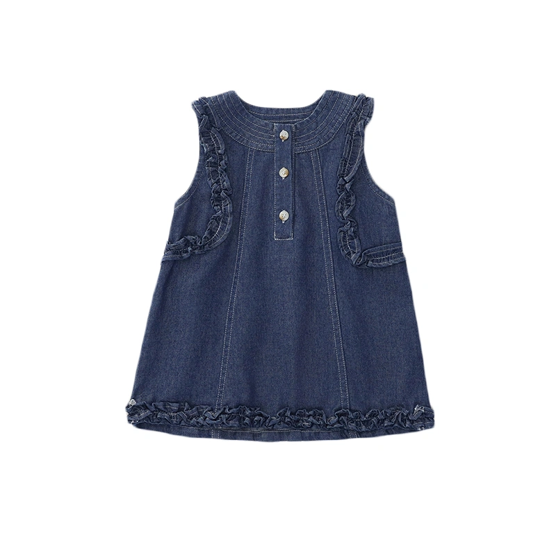 Girls Denim Tank Dress Ruffled Stitching Button Babydoll Dresses