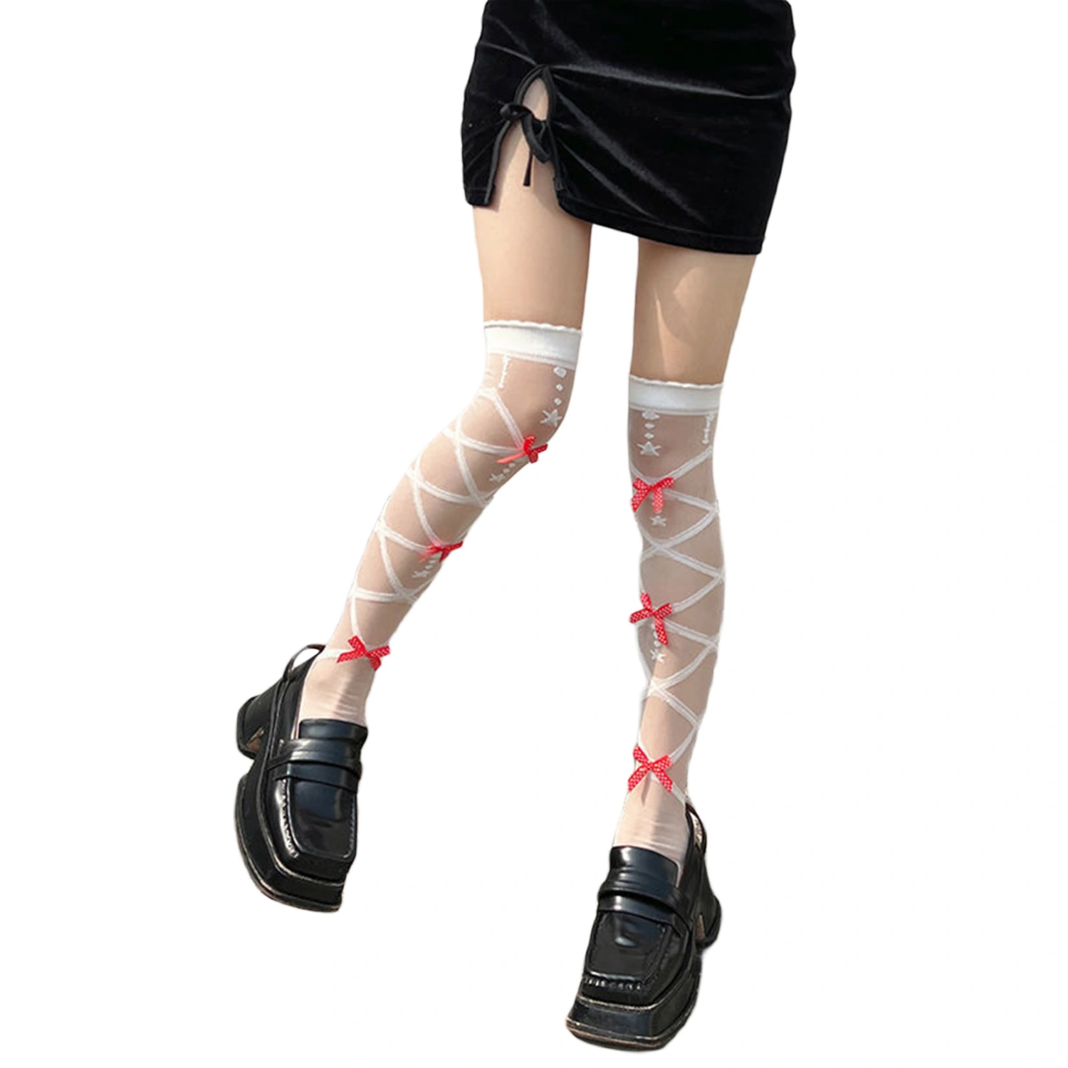 Women's Sheer Thigh High Socks Cross/Heart Print Lolita Bow Socks