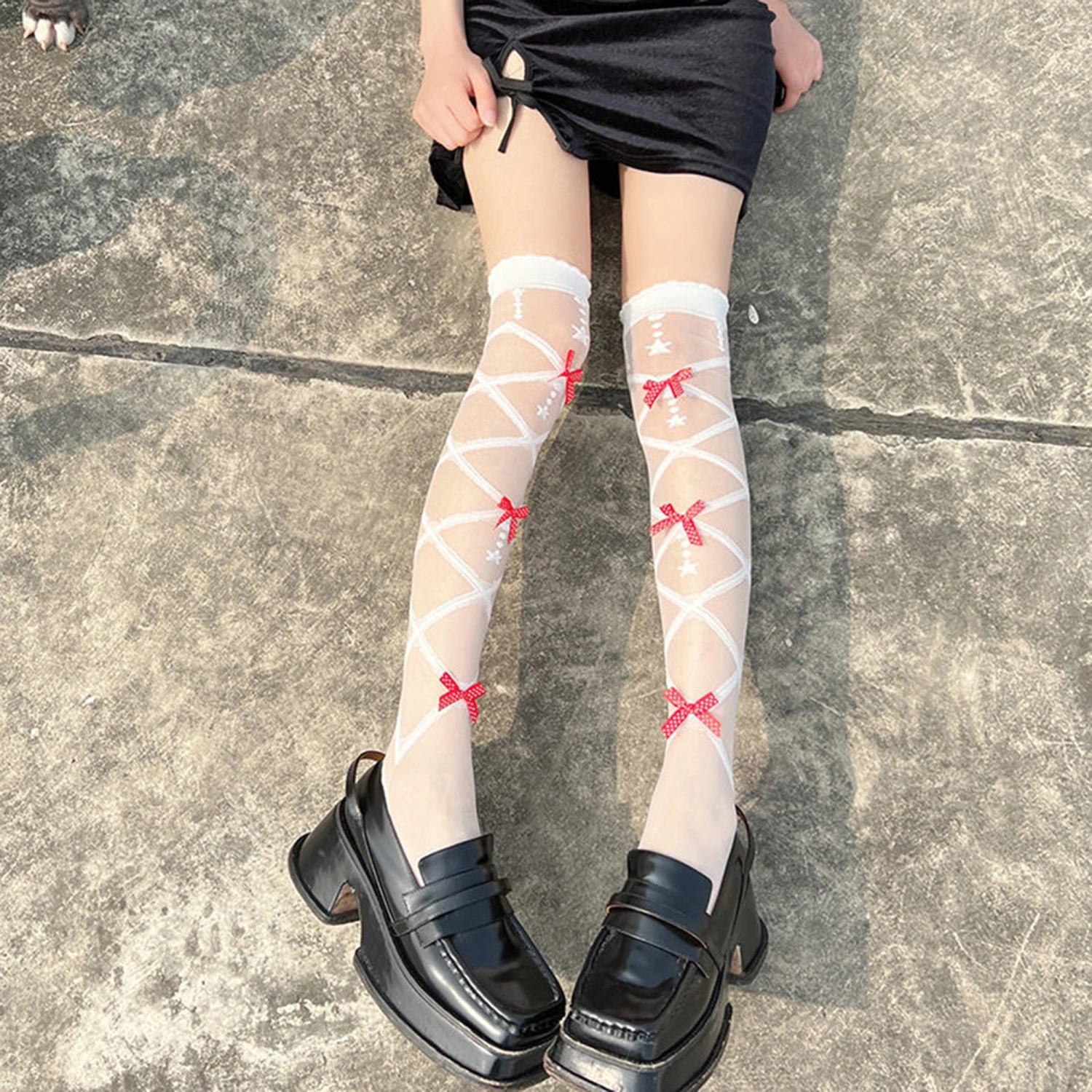 Women's Sheer Thigh High Socks Cross/Heart Print Lolita Bow Socks