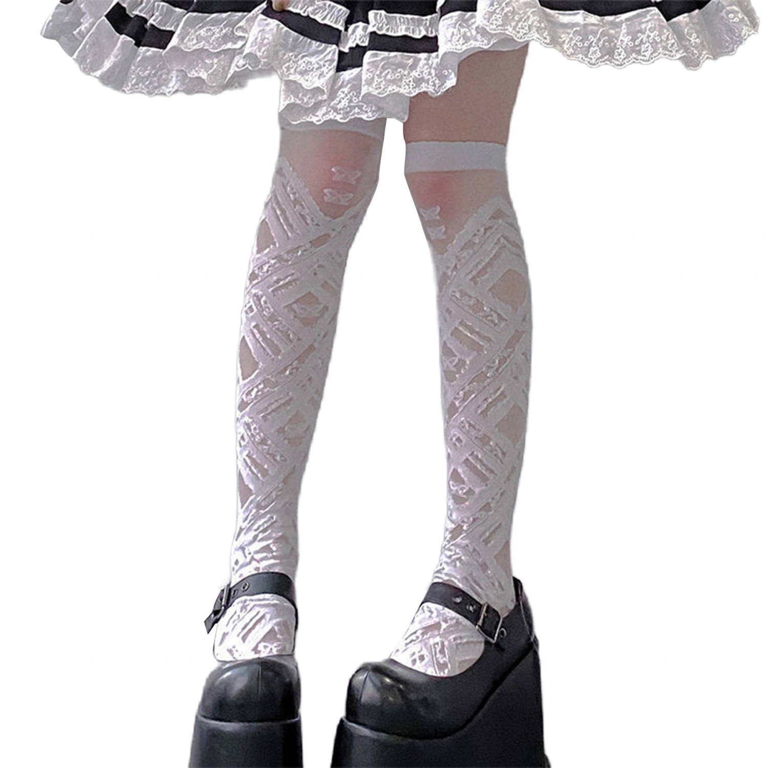 Women's Sheer Thigh High Socks Cross/Heart Print Lolita Bow Socks