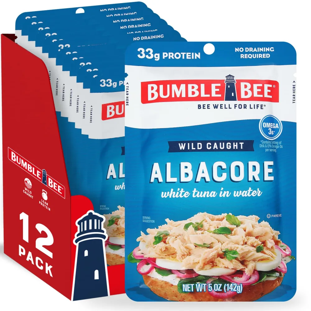 Bumble Bee Chunk White Albacore Tuna in Water, 5 oz Pouches (Pack of 12) - Ready to Eat Wild Caught Tuna Packet - 33g Protein per Pouch, High in Omega-3s - Non-GMO, Gluten Free, Kosher