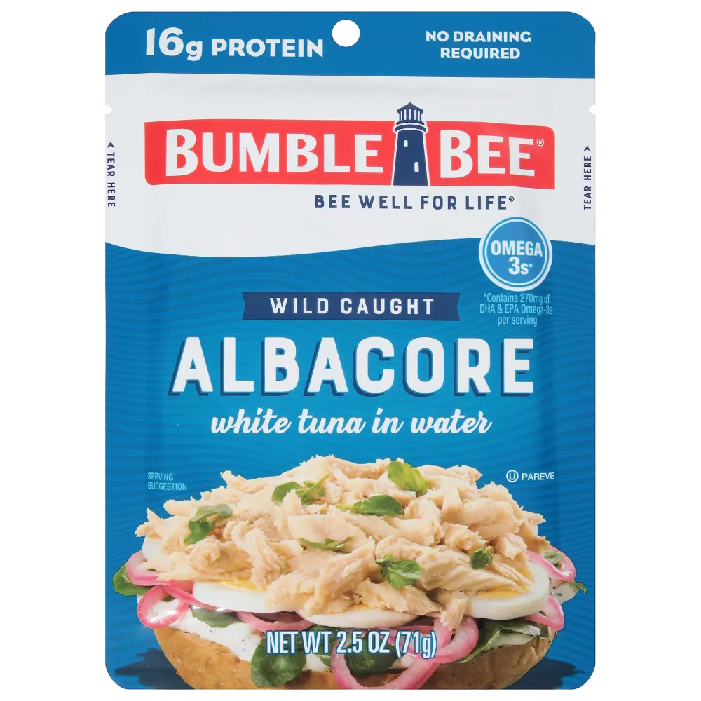 Bumble Bee Solid White Albacore Tuna in Water, 2.5 oz Pouch - Wild Caught Tuna - 16g Protein per Serving, High in Omega-3s - Non-GMO, Gluten Free, Kosher - No Draining Required