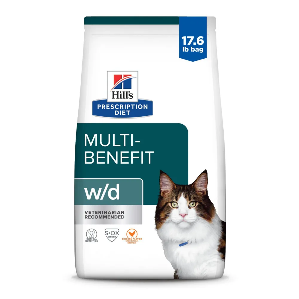 Hill's Prescription Diet w/d Multi-Benefit Digestive/Weight/Glucose/Urinary Management Chicken Flavor Dry Cat Food, Veterinary Diet, 17.6 lb. Bag