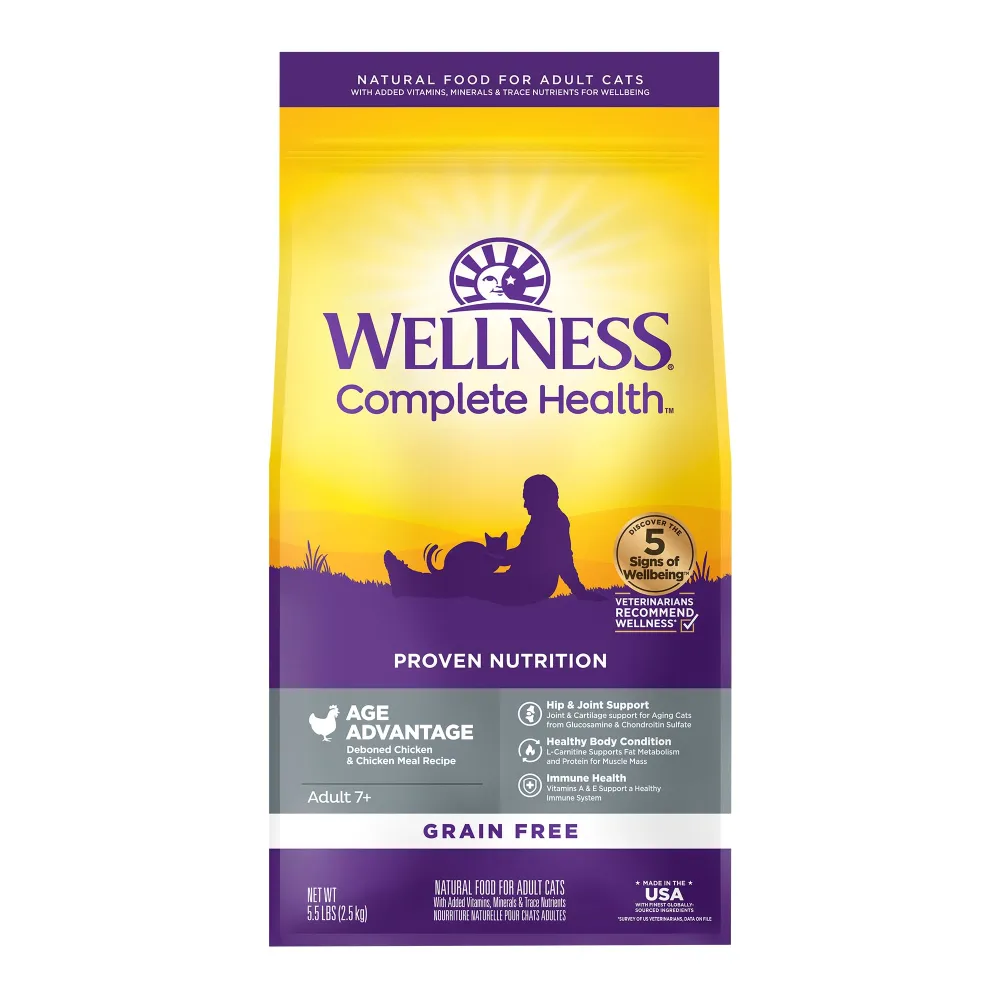 Wellness Complete Health Natural Grain-Free Age Advantage Senior Dry Cat Food, Deboned Chicken and Chicken Meal Recipe, 5.5 Pound Bag