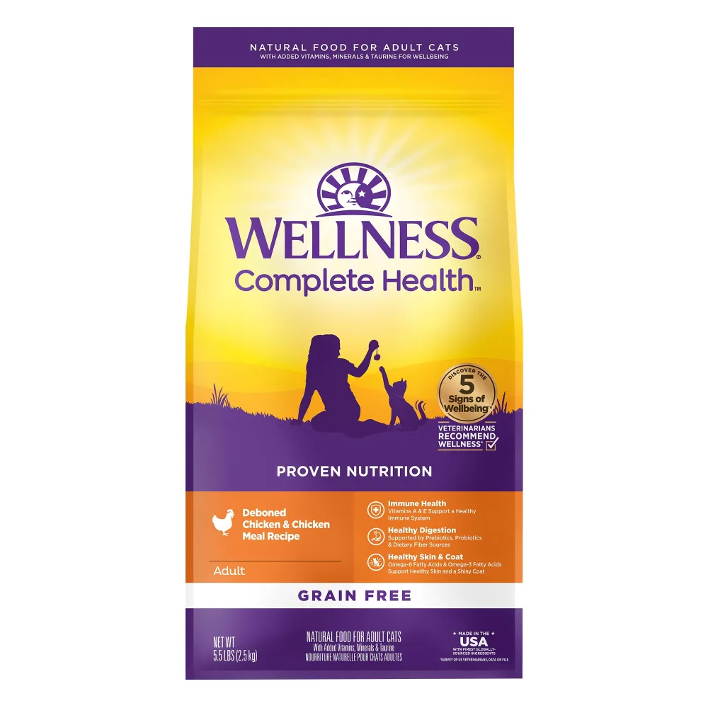 Wellness Complete Health Adult Dry Cat Food for Indoor and Outdoor Cats, Grain Free, Natural, Chicken & Chicken Meal (5.5 Pound Bag)