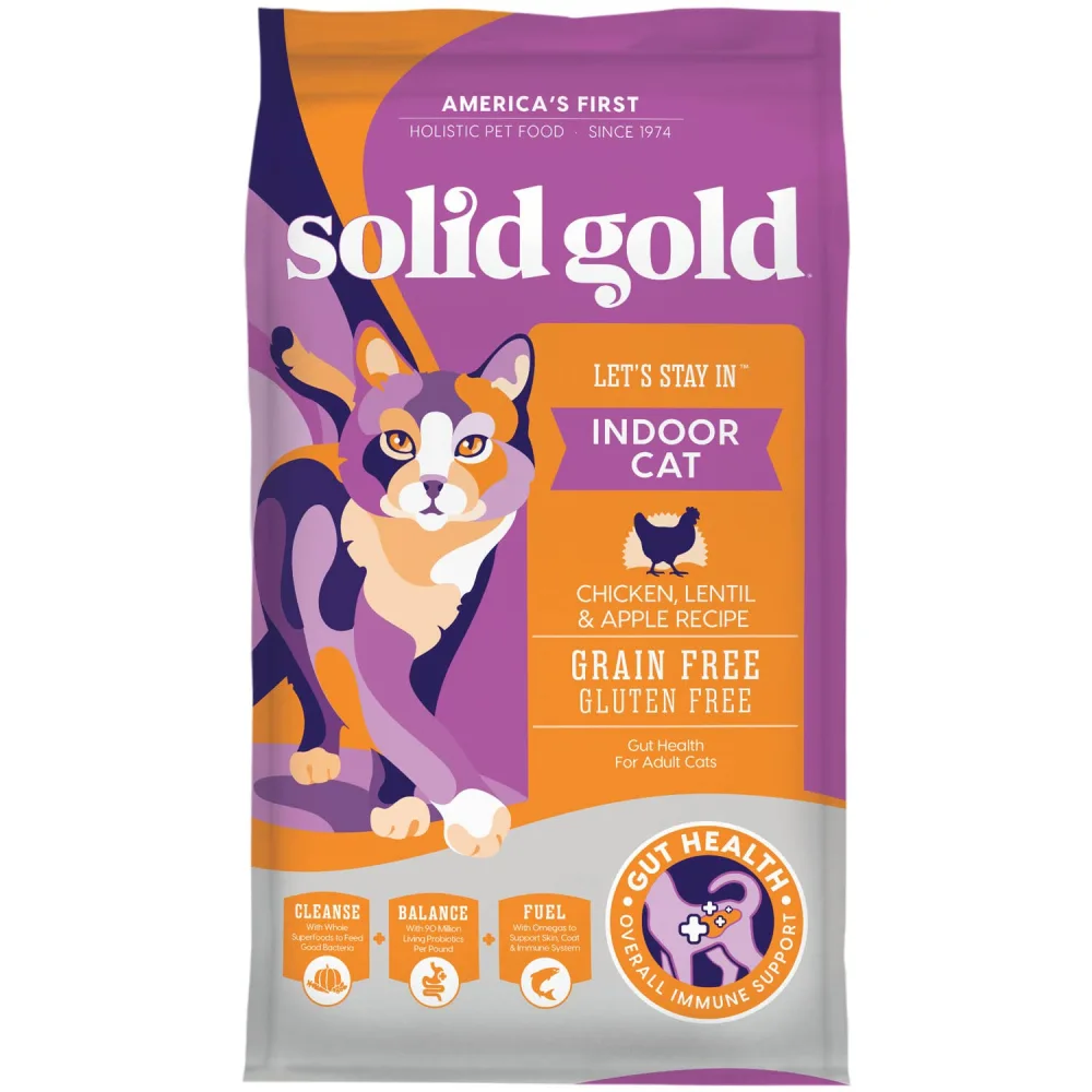 Solid Gold Indoor Dry Cat Food - Let's Stay in Cat Food Dry Kibble for Indoor Cats - Hairball & Sensitive Stomach - Grain & Gluten Free - Probiotics & Fiber for Digestive Health - Chicken - 3lb