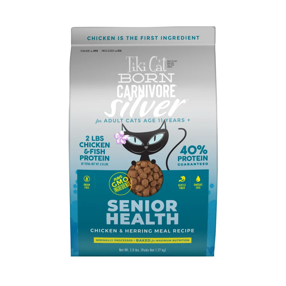 Tiki Cat Born Carnivore Silver, Senior Health, Chicken and Herring Meal Recipe, Immune Support with Baked Kibble to Maximize Nutrients, Adult Dry Cat Food for Cats 11+, 2.8 lbs. Bag