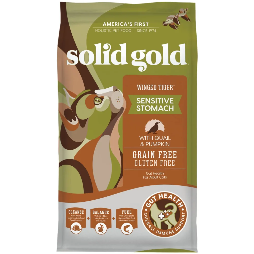 Solid Gold Sensitive Stomach Dry Cat Food - Made with Real Quail & Pumpkin - Winged Tiger Grain Free Cat Food Sensitive Stomach for Adult & Senior Cats - Supports Immune & Digestive Health - 3lb