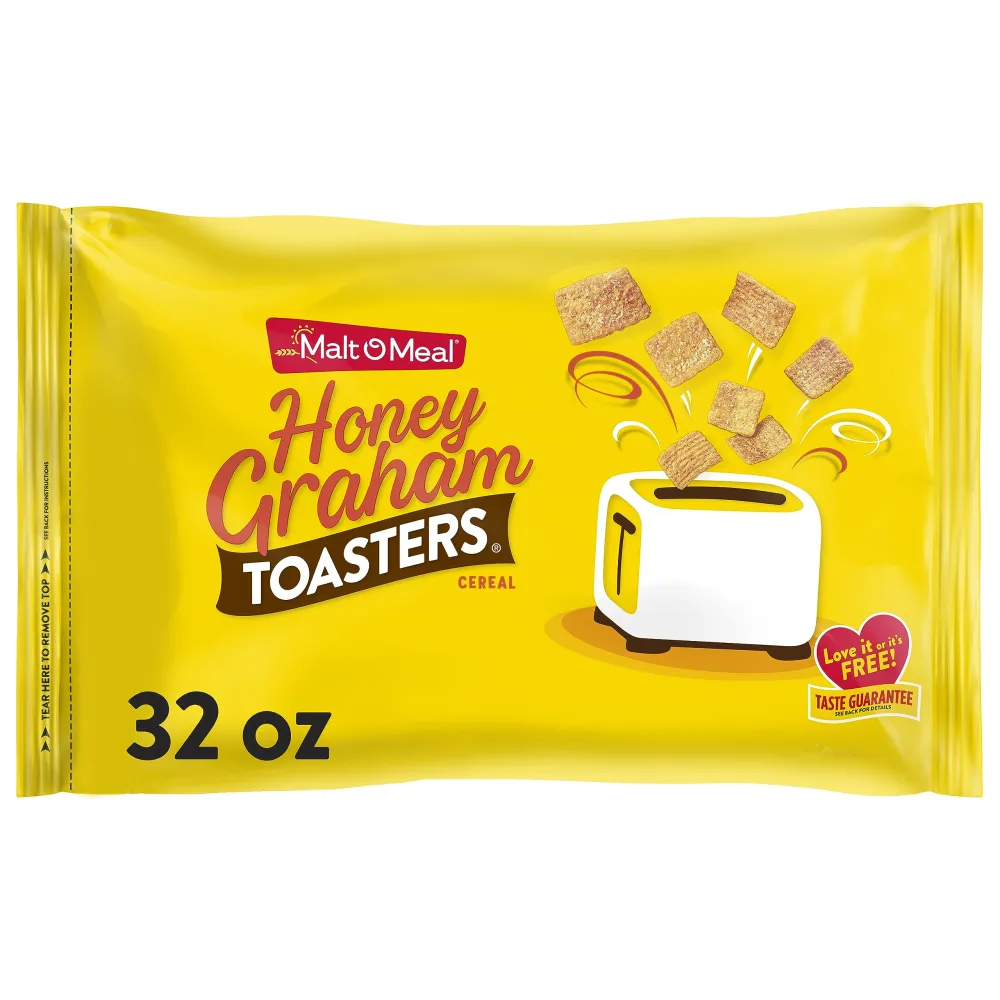 Malt-O-Meal Honey Graham Toasters Breakfast Cereal, Honey Graham Cereal Squares, Super Size Bagged Cereal, 32 OZ Resealable Cereal Bag