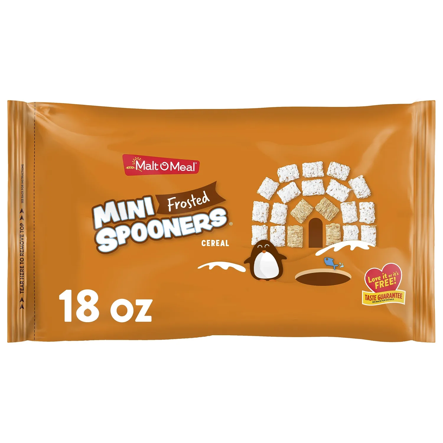 Malt-O-Meal Frosted Mini Spooners Whole Grain Breakfast Cereal, Crunchy Frosted Shredded Wheat Cereal, Large Cereal for Family, 18 OZ Resealable Cereal Bag