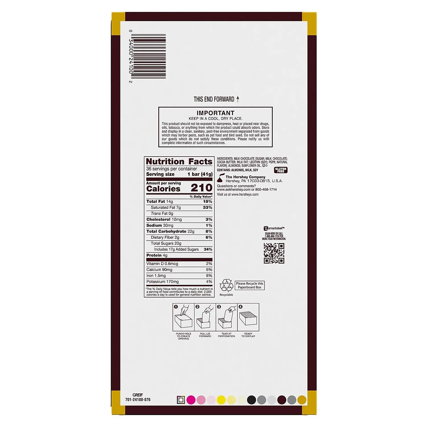 Hershey's Milk Chocolate with Whole Almonds Candy Bar, 1.45 oz., 36/Box (HEC24100)