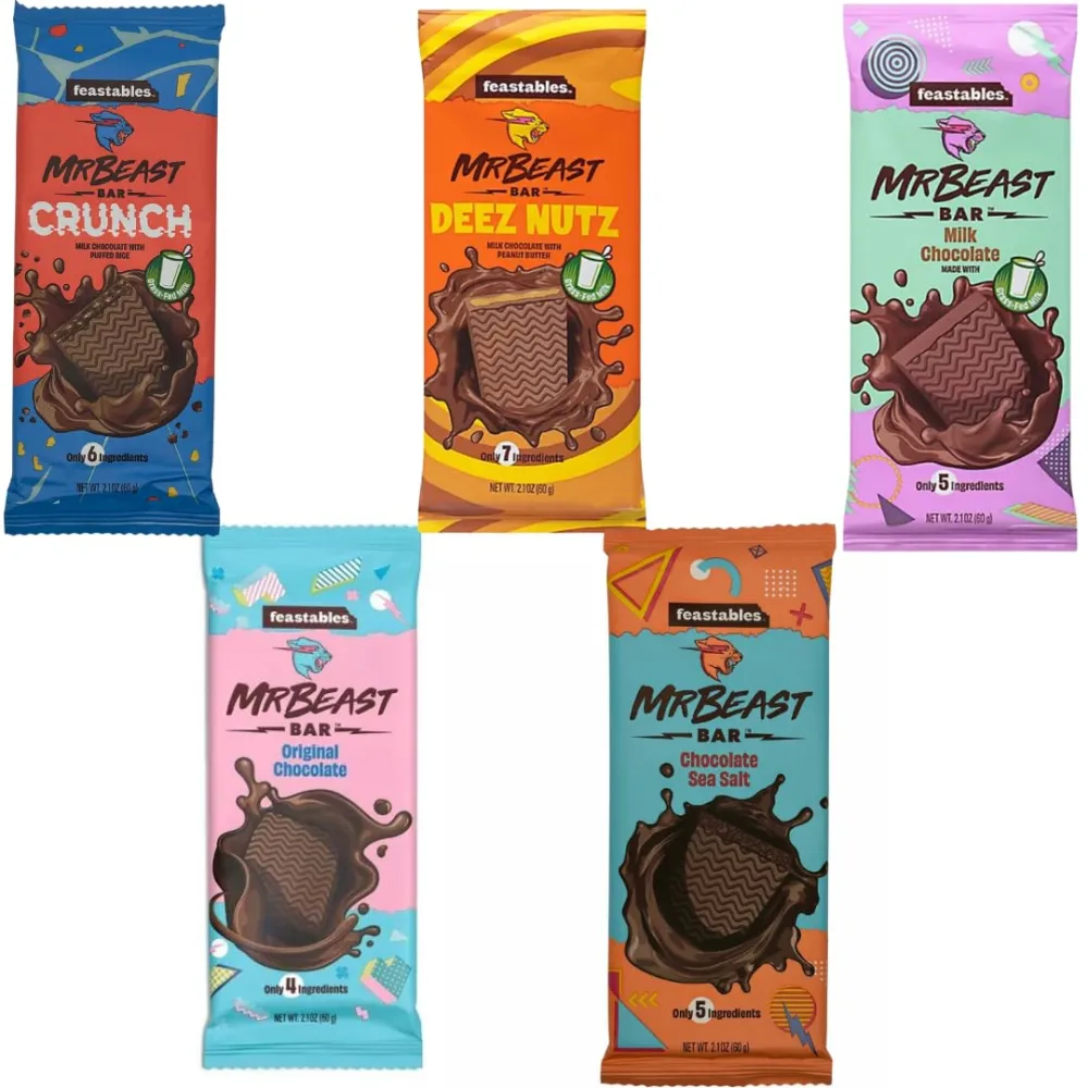 Feastables Mr Beast Chocolate Bars – NEW Deez Nuts Peanut Butter Crunch Chocolate, Milk Chocolate, Original Chocolate, Milk Chocolate, Sea Salt Chocolate Bars (5 Pack)