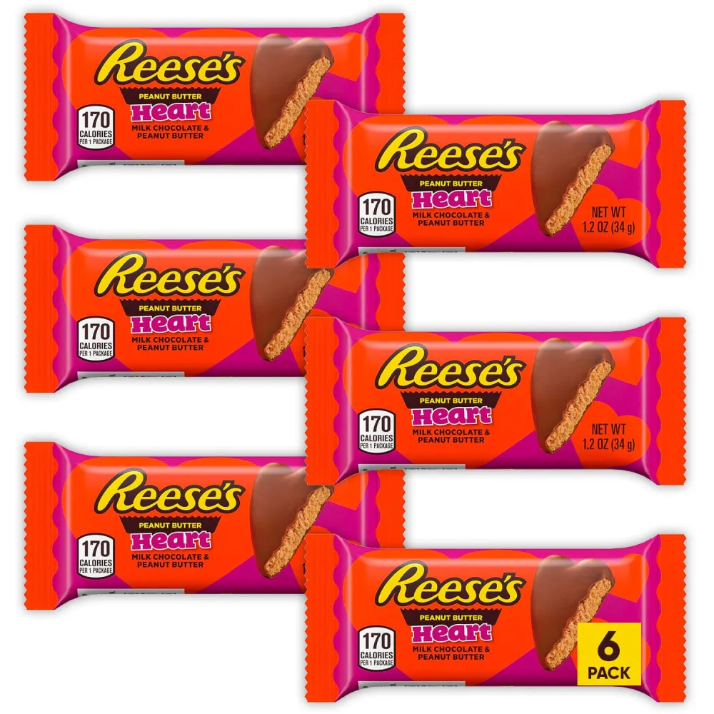 Reeces Heart Milk Chocolate - Reeces Peanut Butter 1.2oz x 6 Pack Valentines Chocolate Gift Box Chocolate Candy Candy Bulk Peanut Butter Hearts Milk Chocolate & White Creme Heart - Individually Wrapped Snacks - Gift Basket for Kids & Adults