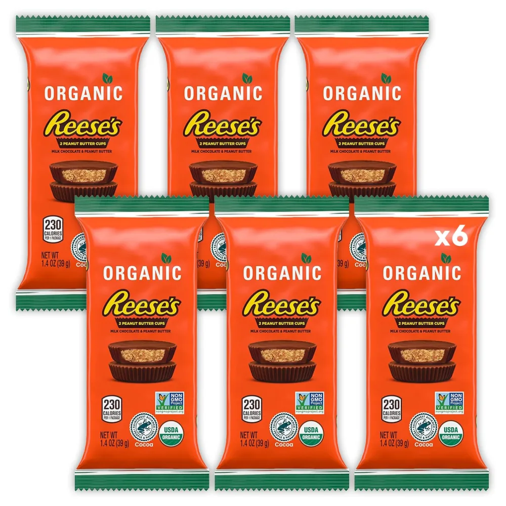 Reeces Organic Peanut Butter Cups Milk Chocolate Candy, 6 Pack (1.4oz each) Individually Wrapped Snacks - Chocolate Milk and Peanut Butter Taste, Ideal Office Snack for Sharing, Holiday Chocolate Reeces Cups