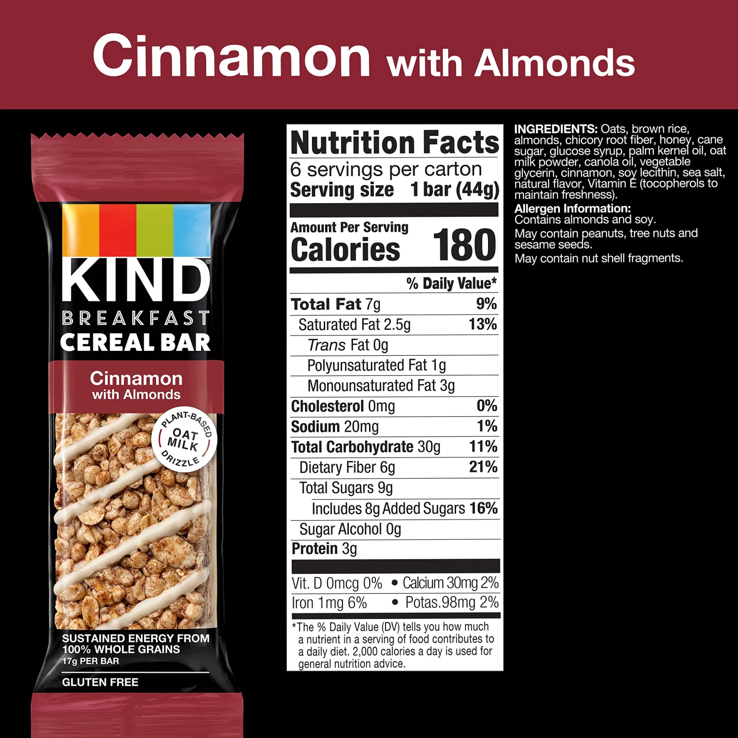KIND Breakfast Cereal Bars, Gluten Free Snacks, Cinnamon with Almonds, 9.3oz Box (36 Bars)