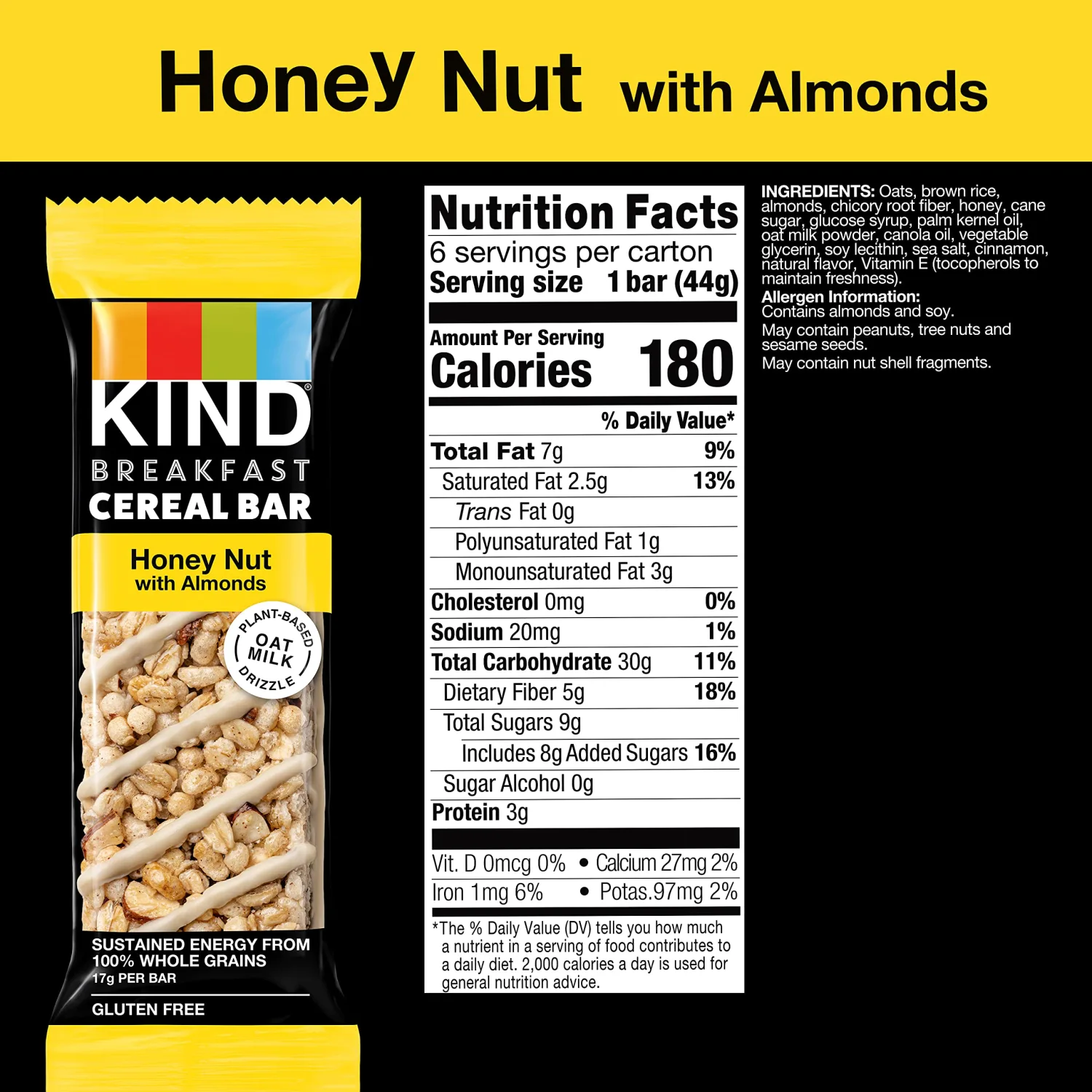 KIND Breakfast Cereal Bars, Gluten Free Snacks, Honey Nut with Almonds, 9.3oz Box (36 Bars)