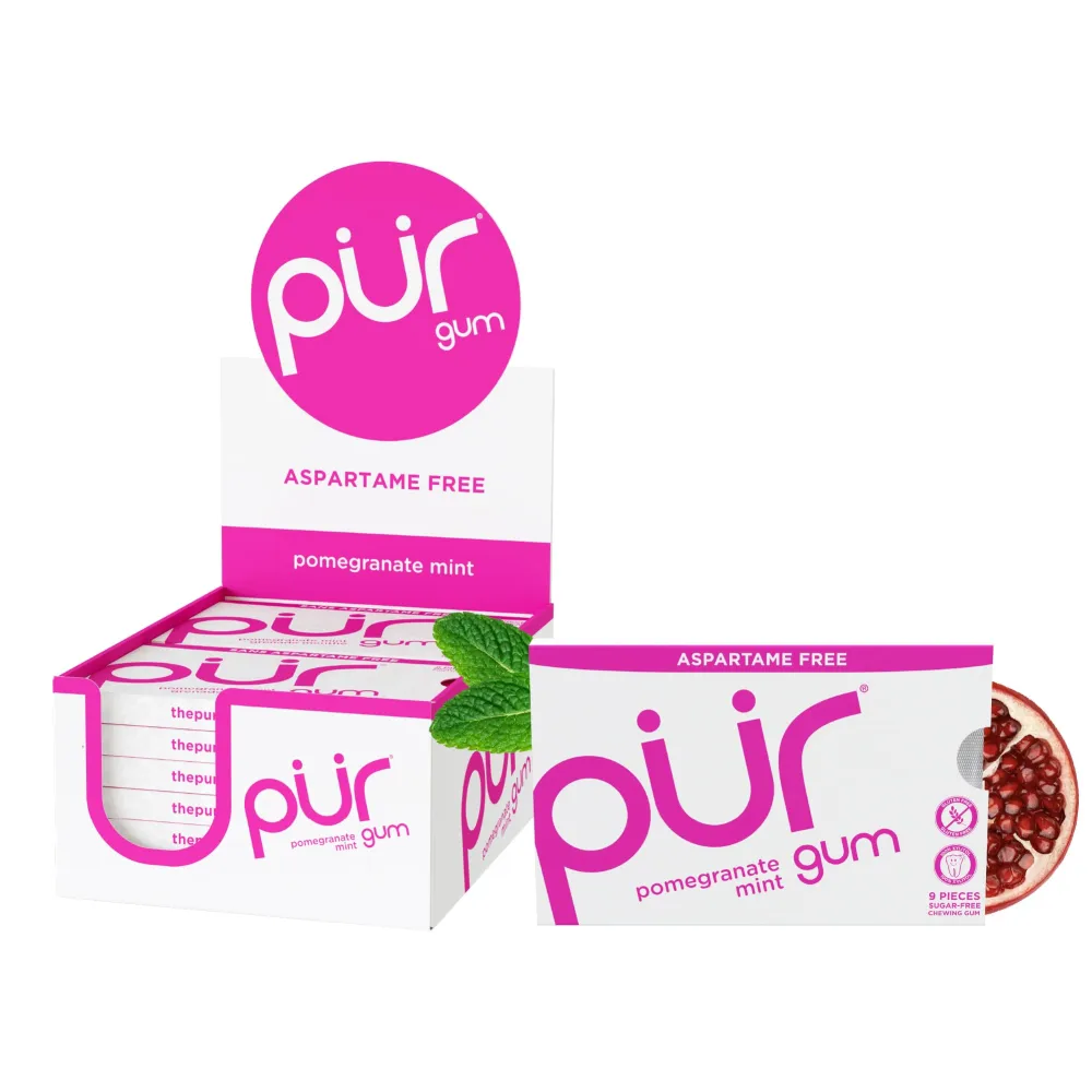 PUR Gum | Aspartame Free Chewing Gum | 100% Xylitol | Natural Pomegranate Mint Flavored Gum, 9 Pieces (Pack of 12)