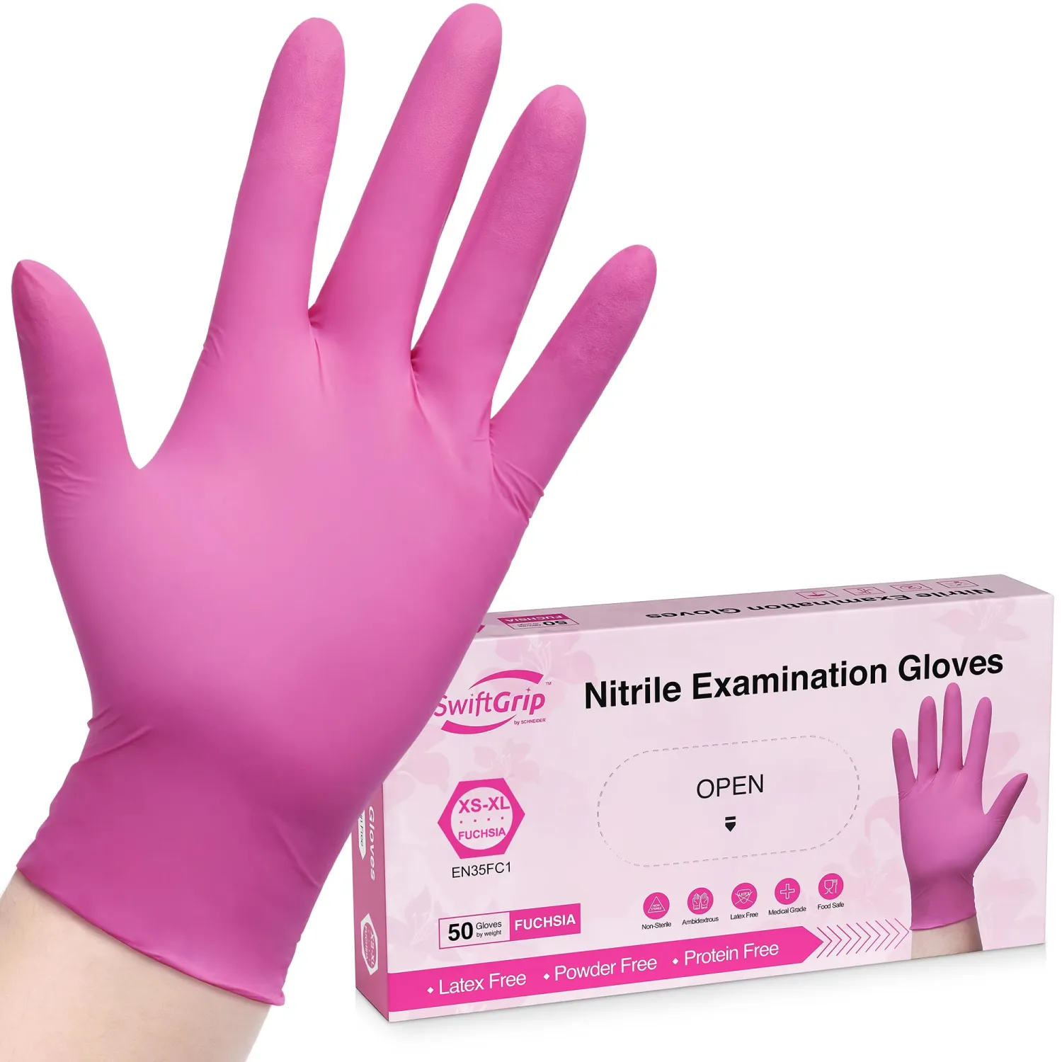 Powder-Free Nitrile Gloves, 3-mil, Disposable Nitrile Gloves, Latex-Free, Powder-Free - Pink/Fuchsia