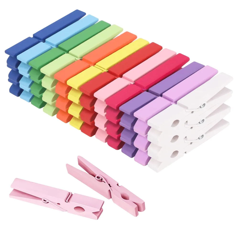 Colored Clothes pins 12 Color, Colorful ClothesPins Wooden Clips for Photos Pictures Decorative Crafts, Decoration clothespins Clothing Hanging clothespins 2.9inch 50PCS (Rainbow Colors)