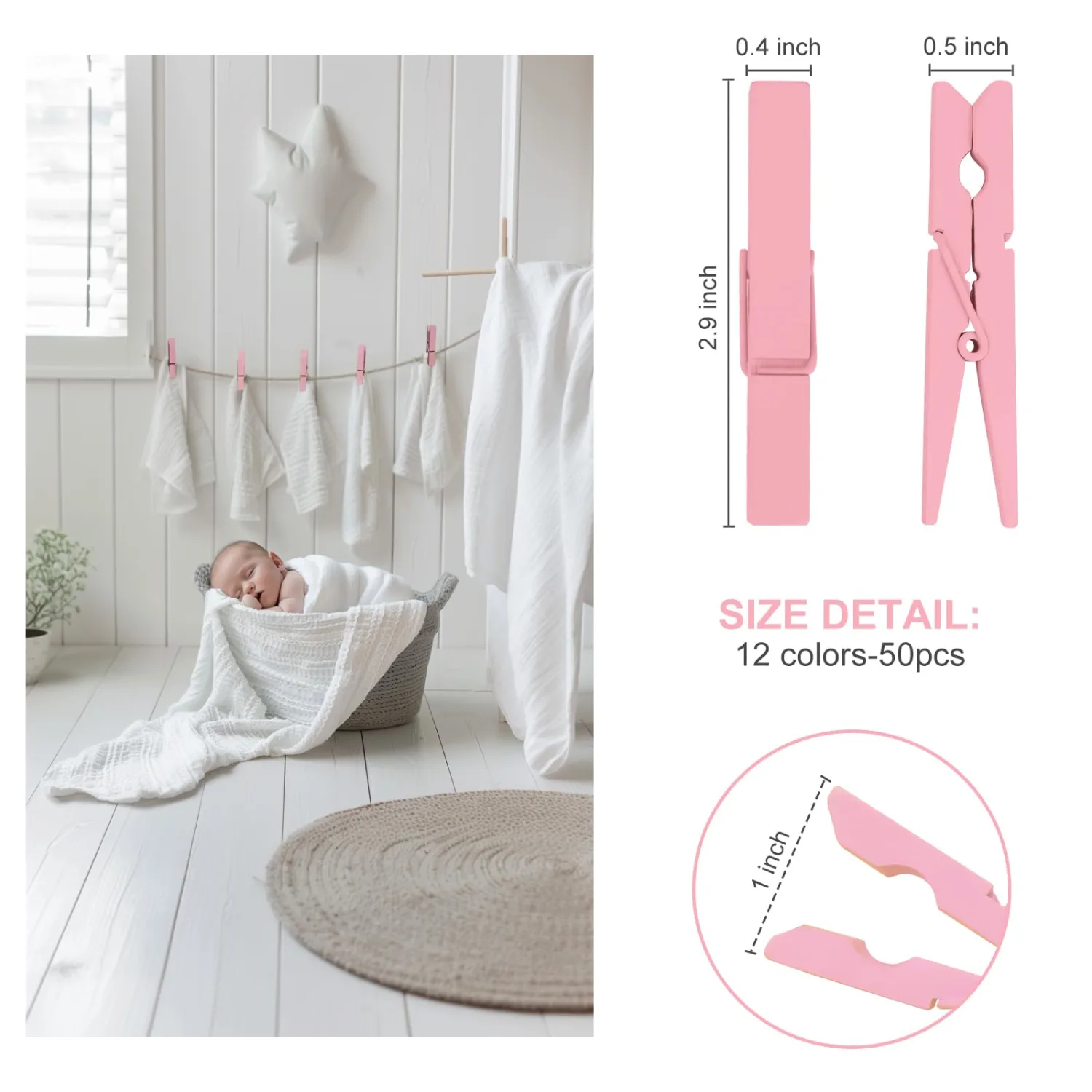Colored Clothes pins 2.9inch 50PCS Pink, Colorful ClothesPins Wooden Clips for Photos Pictures Decorative Crafts, Decoration clothespins Clothing Hanging clothespins