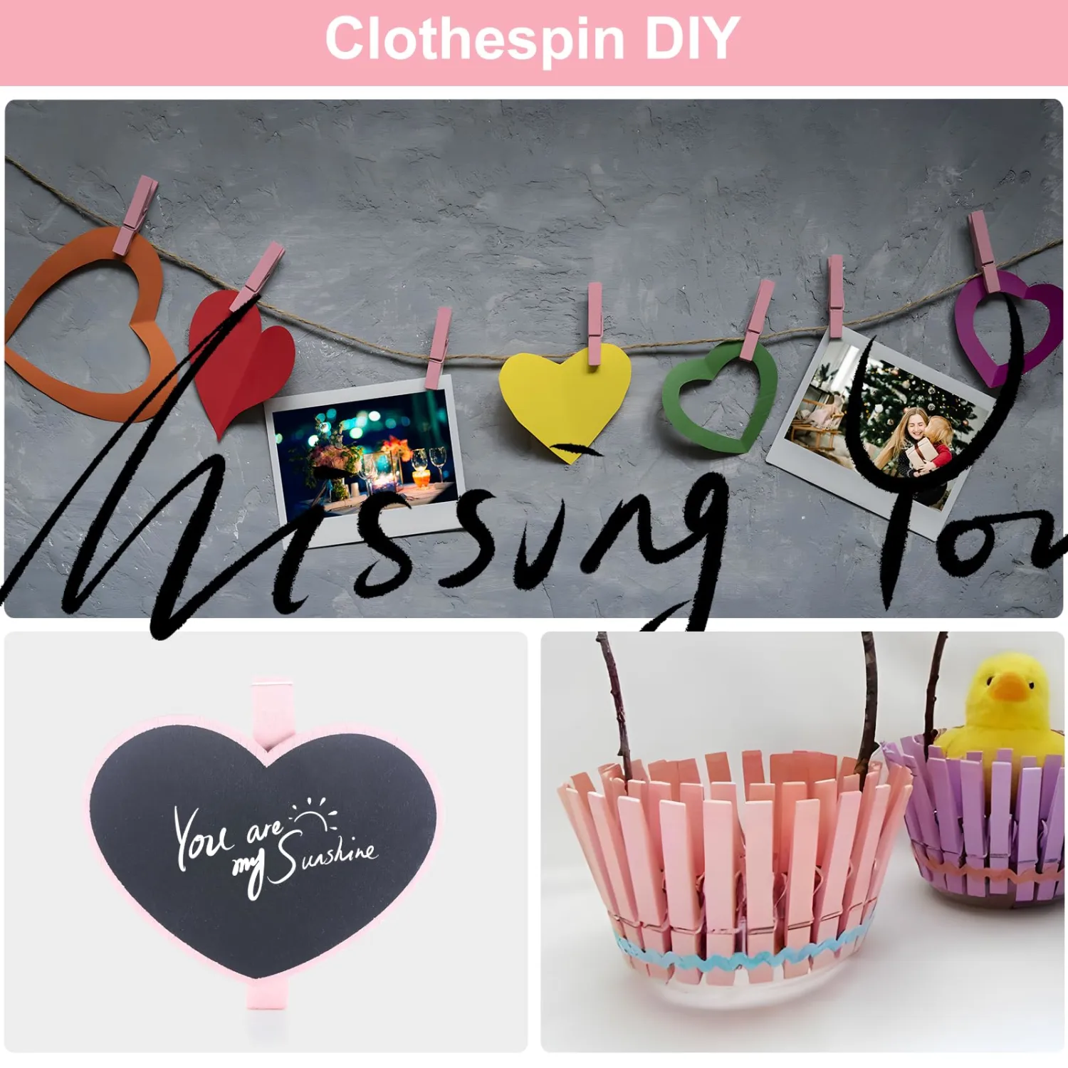 Colored Clothes pins 2.9inch 50PCS Pink, Colorful ClothesPins Wooden Clips for Photos Pictures Decorative Crafts, Decoration clothespins Clothing Hanging clothespins