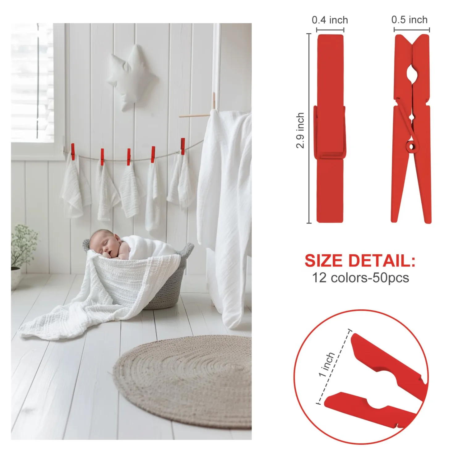Colored Clothes pins 2.9inch 50PCS Red, Colorful ClothesPins Wooden Clips for Photos Pictures Decorative Crafts, Decoration clothespins Clothing Hanging clothespins