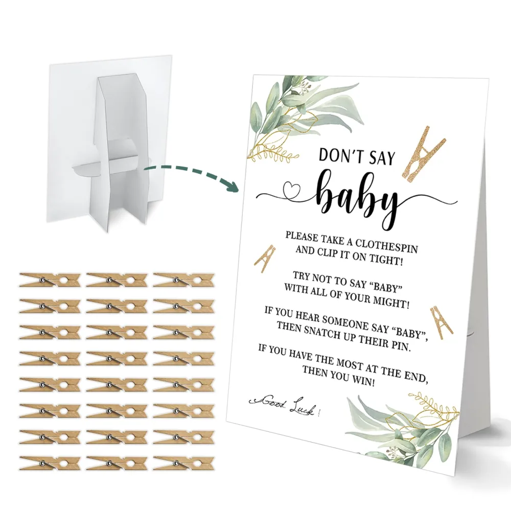 Don't Say Baby Clothespin Game, Greenery Baby Shower Game, One 8x11 Sign and 50 Mini Natural Clothespins, Gender Neutral, Baby Shower Decoration - MJZ03