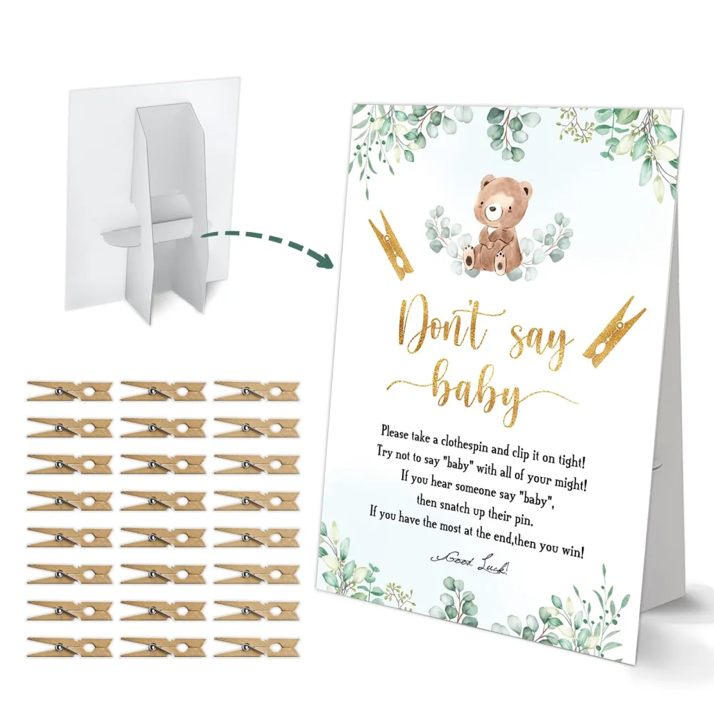 Don't Say Baby Clothespin Game, Bear Baby Shower Game, One 8x11 Sign and 50 Mini Natural Clothespins, Gender Neutral, Baby Shower Decoration - MJZ26