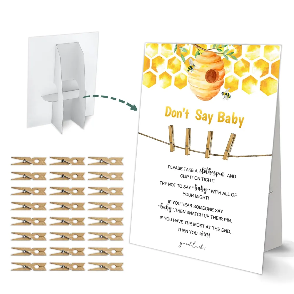 Don't Say Baby Clothespin Game, Honey Bee Baby Shower Game, One 8x11 Sign and 50 Mini Natural Clothespins, Gender Neutral, Baby Shower Decoration - MJZ42