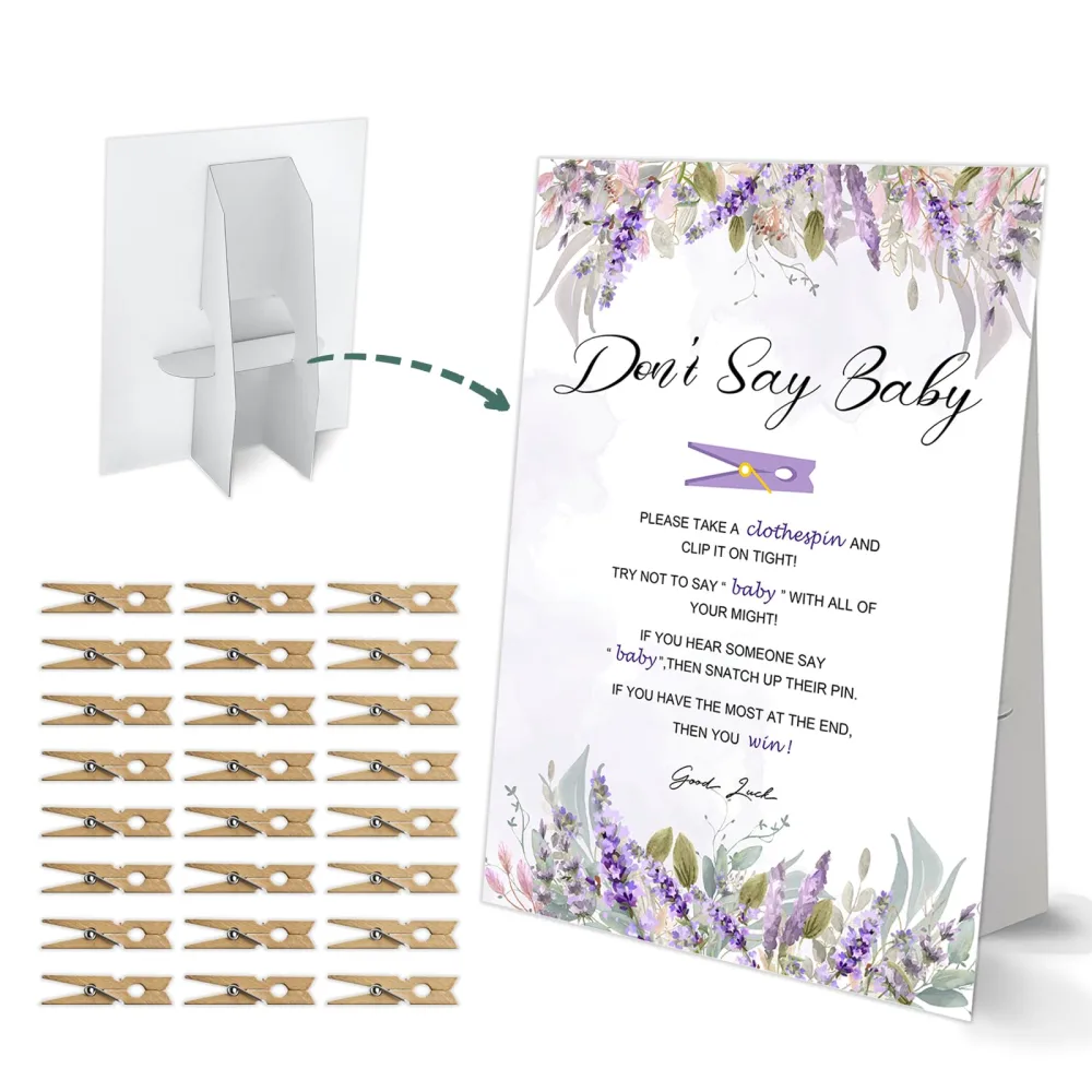 Don't Say Baby Clothespin Game, Lavender Purple Baby Shower Game, One 8x11 Sign and 50 Mini Natural Clothespins, Gender Neutral, Baby Shower Decoration - MJZ45