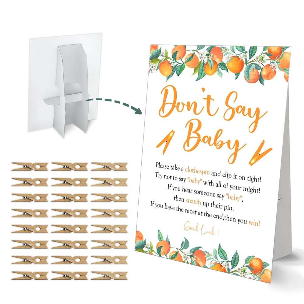 Don't Say Baby Clothespin Game, Little Cutie Baby Shower Game, One 8x11 Sign and 50 Mini Natural Clothespins, Gender Neutral, Baby Shower Decoration - MJZ07