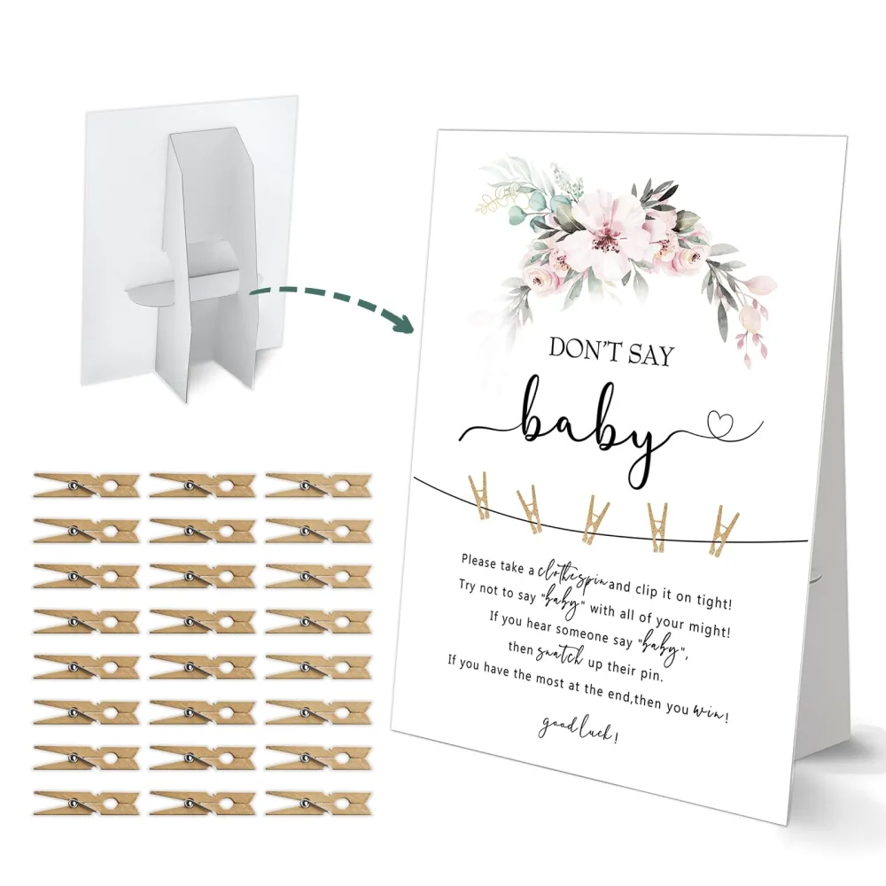 Don't Say Baby Clothespin Game, Boho Floral Baby Shower Game, One 8x11 Sign and 50 Mini Natural Clothespins, Gender Neutral, Baby Shower Decoration - MJZ24