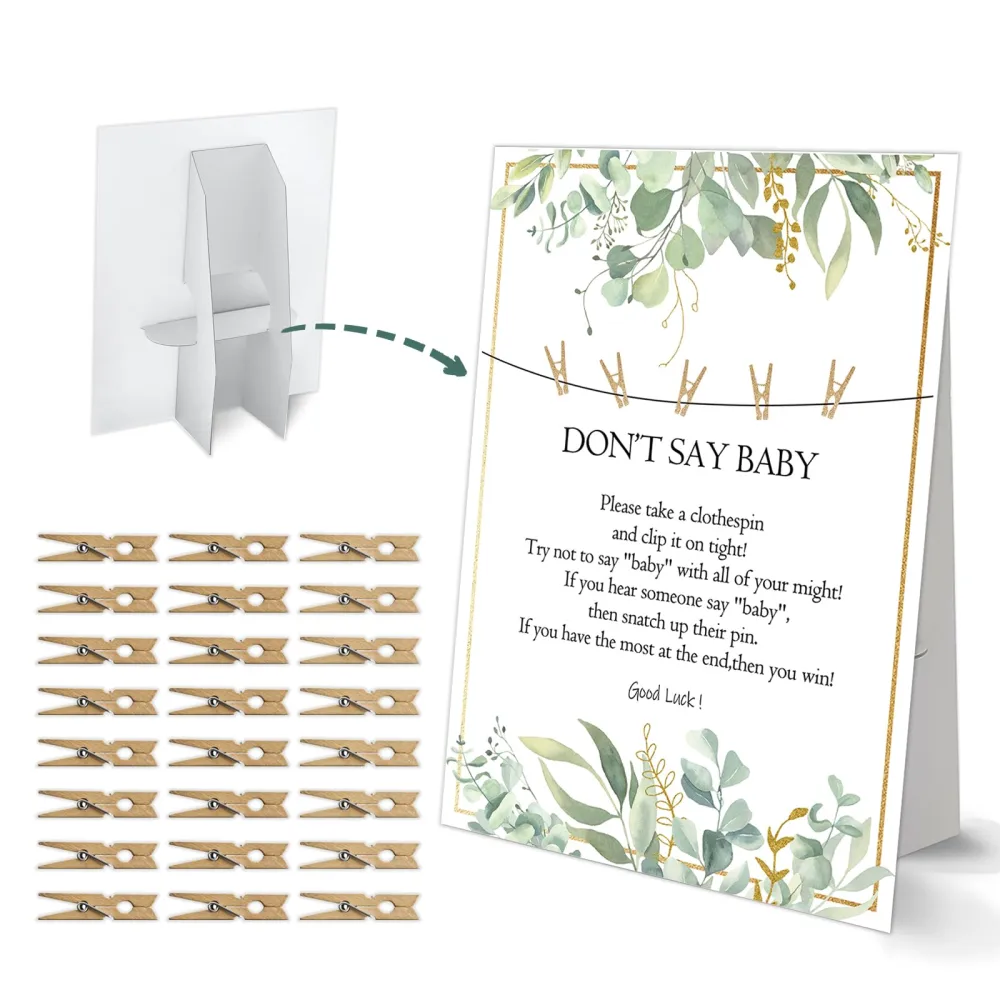 Don't Say Baby Clothespin Game, Greenery Baby Shower Game, One 8x11 Sign and 50 Mini Natural Clothespins, Gender Neutral, Baby Shower Decoration - MJZ39