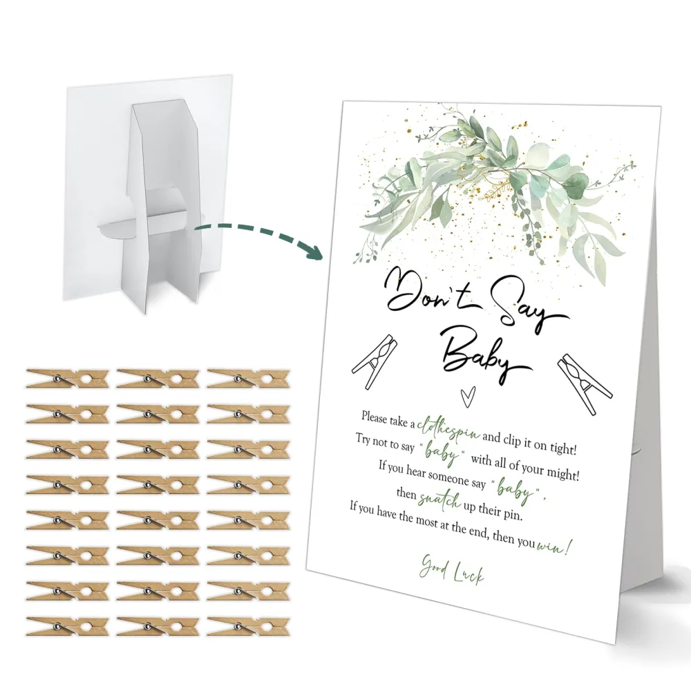 Don't Say Baby Clothespin Game, Greenery Baby Shower Game, One 8x11 Sign and 50 Mini Natural Clothespins, Gender Neutral, Baby Shower Decoration - MJZ25