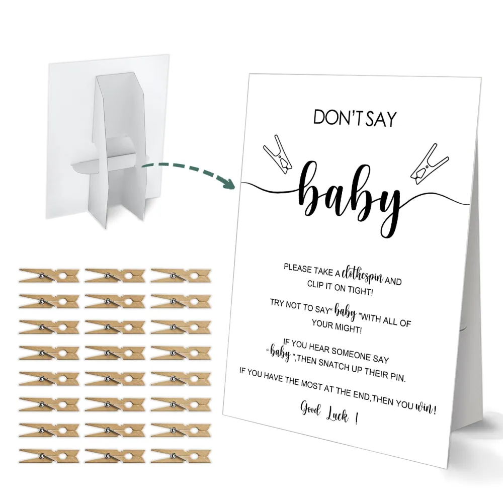 Don't Say Baby Clothespin Game, Minimalist Baby Shower Game, One 8x11 Sign and 50 Mini Natural Clothespins, Gender Neutral, Baby Shower Decoration - MJZ01