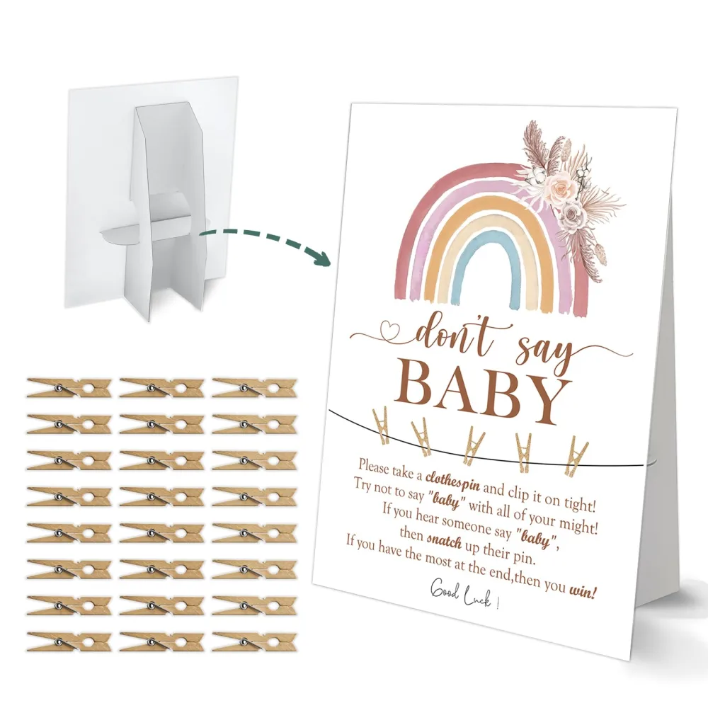 Don't Say Baby Clothespin Game, Boho Rainbow Baby Shower Game, One 8x11 Sign and 50 Mini Natural Clothespins, Gender Neutral, Baby Shower Decoration - MJZ20