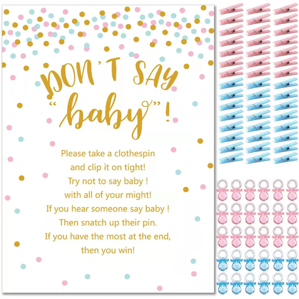 Don't Say Baby Shower Clothespin Game Boy and Girl Includes 8x11 Standing Sign, 60 Mini Purple Clothes Pin, 60 Mini Pacifiers