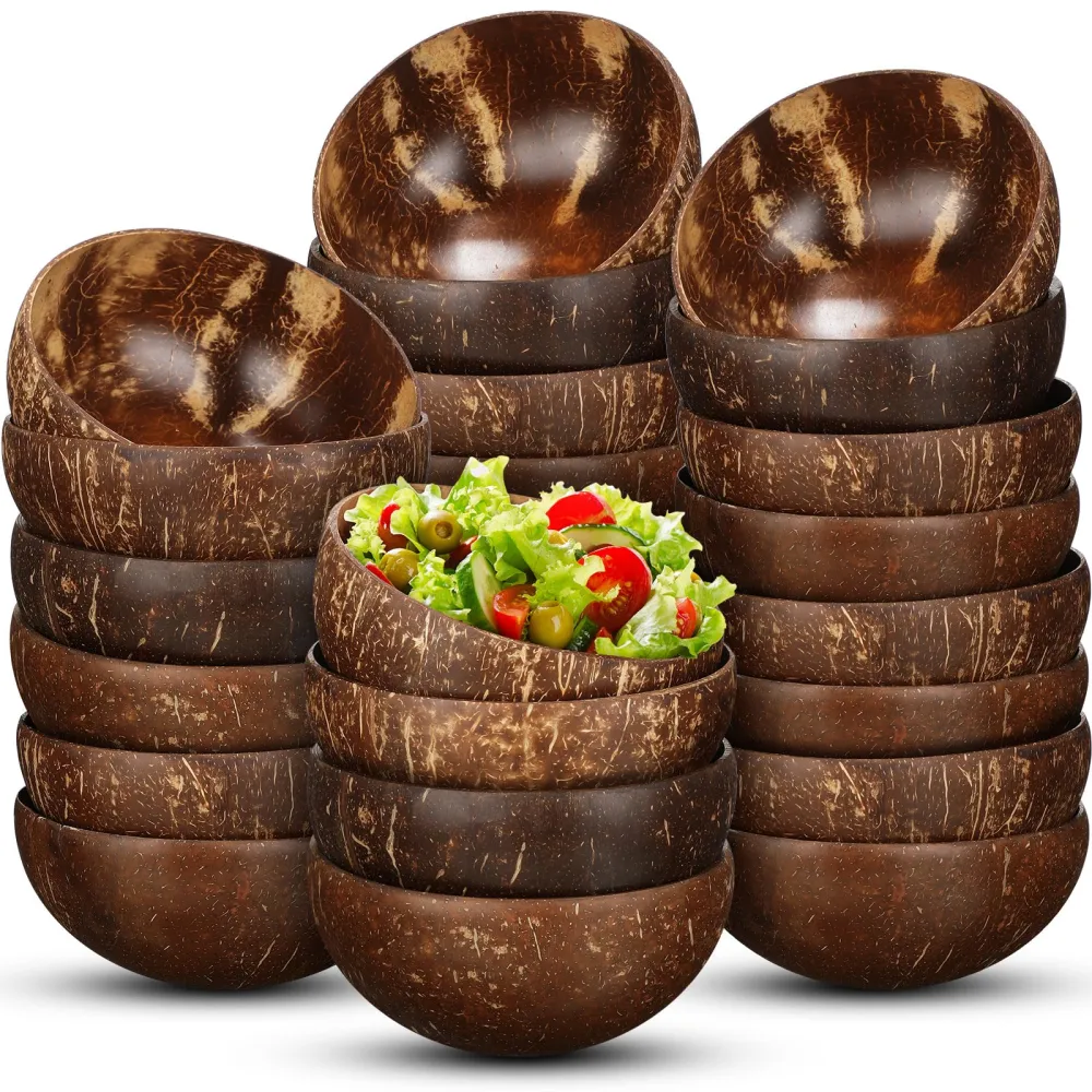 Bokon 24 Pcs Coconut Shell Bowls Polished Wooden Bowls Natural for Smoothie Acai Salad Vegan Gifts Kitchen Decor (Large)